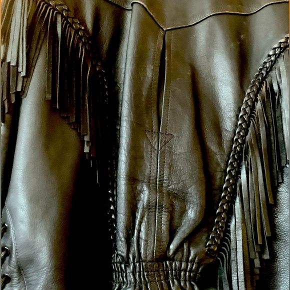FIRST GENUINE LEATHER VINTAGE 90s Custom Fringe Biker Motorcycle Jacket -Size 20 - Picture 9 of 11